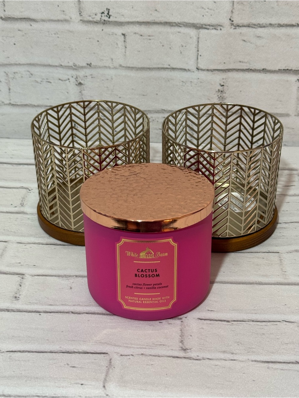 2 Bath & Body Works 3 Wick Candle Holders, Gold Chevron & Wood, Like New